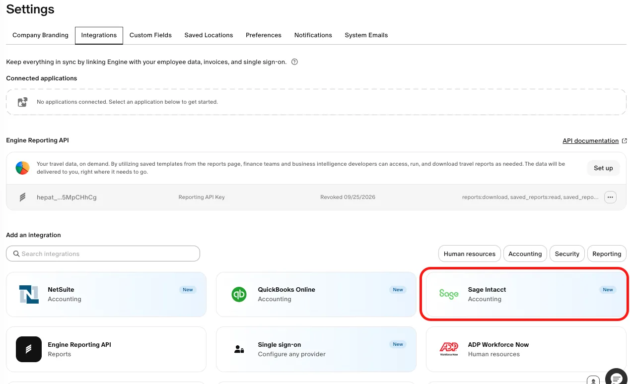 Engine Settings, Integrations tab, with the Sage Intacct tile highlighted under Add an integration