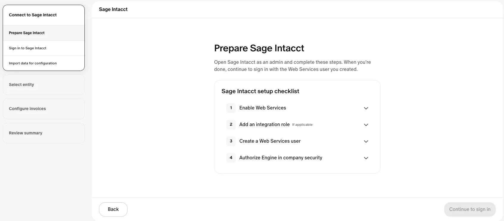 Prepare Sage Intacct screen in Engine with the four-task setup checklist