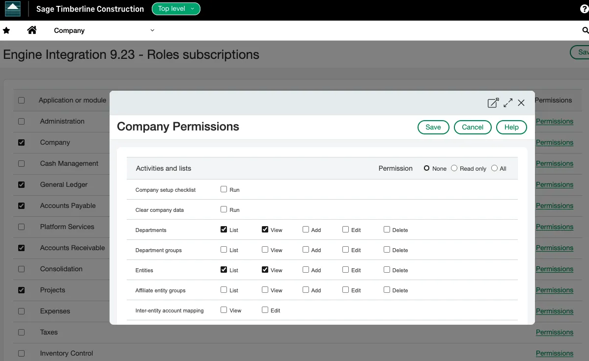 Sage Intacct Company Permissions dialog for the Engine Integration role with Departments and Entities set to List and View