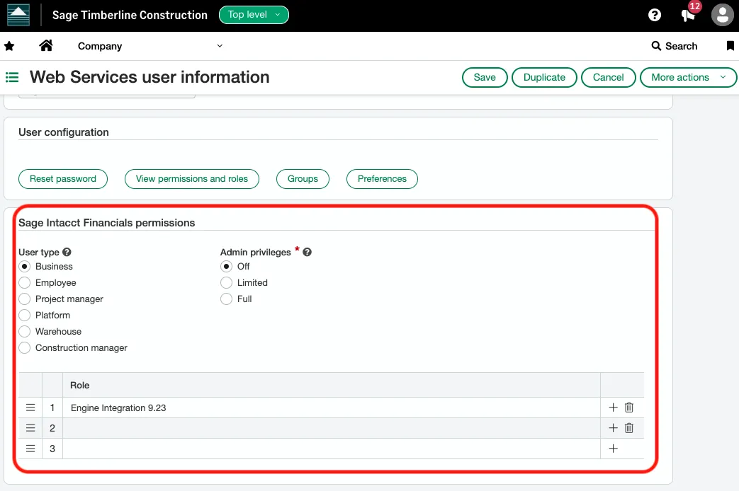 Sage Intacct Web Services user information screen with the Engine Integration role assigned
