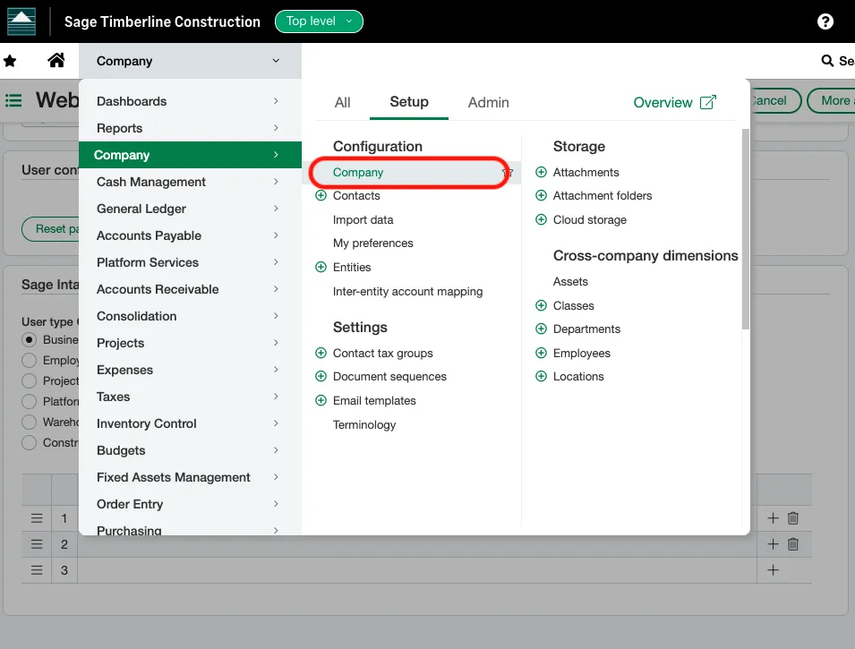 Sage Intacct Company menu with Setup, Company highlighted