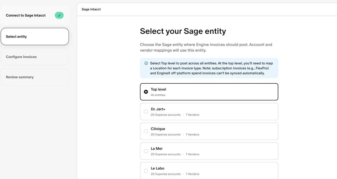 Select your Sage entity step in Engine with Top level and individual entities