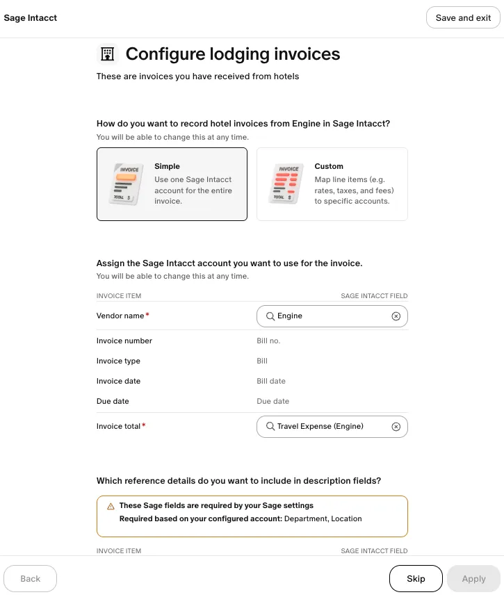 Configure lodging invoices step in Engine showing Simple or Custom mapping, vendor, invoice total account, and a required-fields warning