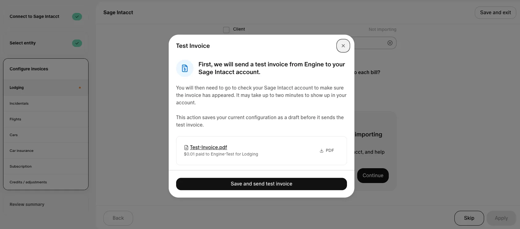 Test Invoice dialog in Engine sending a $0.01 bill to Sage Intacct