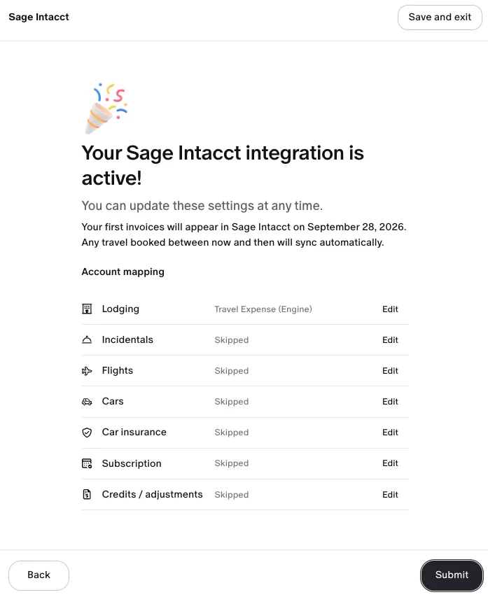 Your Sage Intacct integration is active summary with account mapping per invoice type and the Submit button