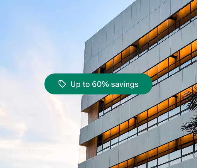 Save up to 60% label on top of a hotel