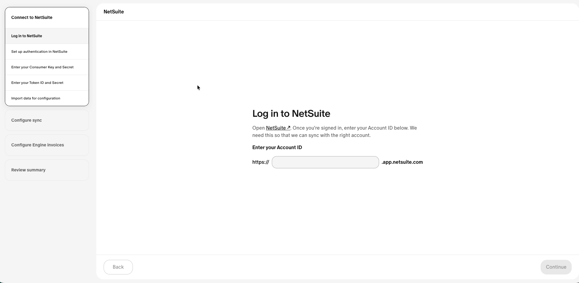 Entering the NetSuite Account ID inside the Engine setup wizard