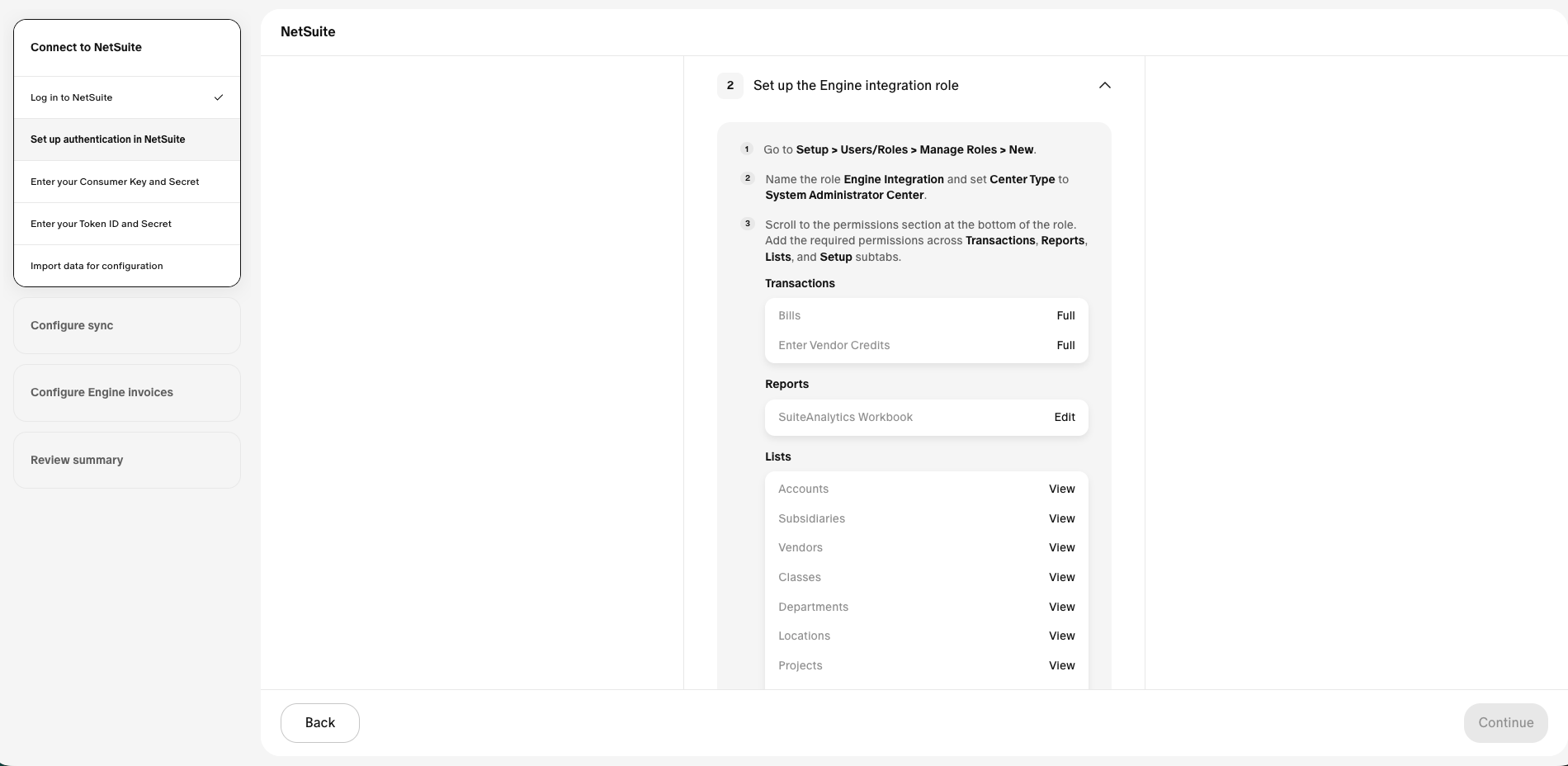 Creating a new Engine Integration role in NetSuite with required permissions