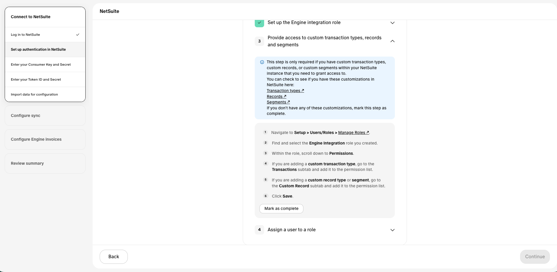 Granting the Engine role access to custom transaction types, records, and segments
