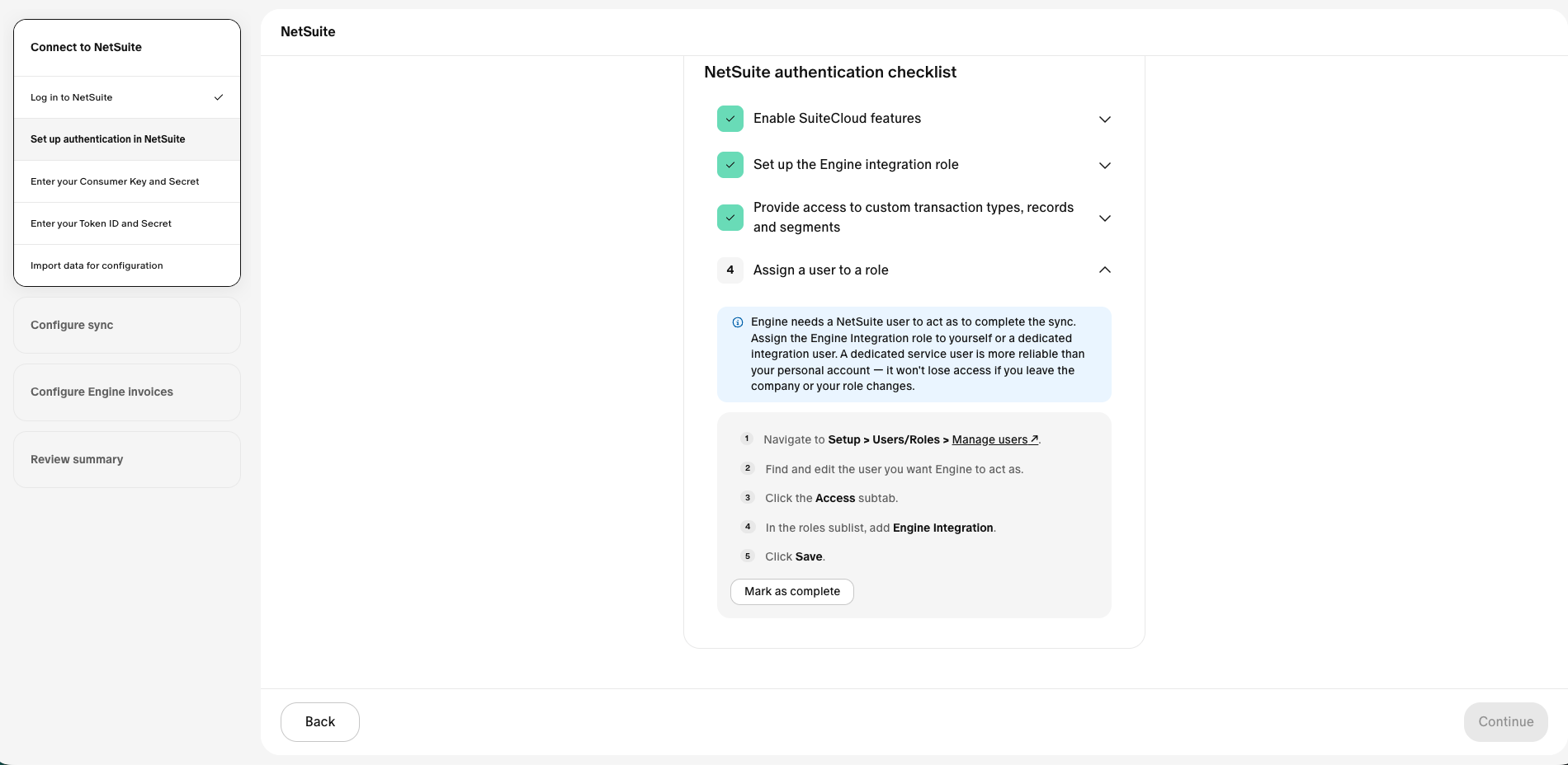 Assigning the Engine Integration role to a NetSuite user