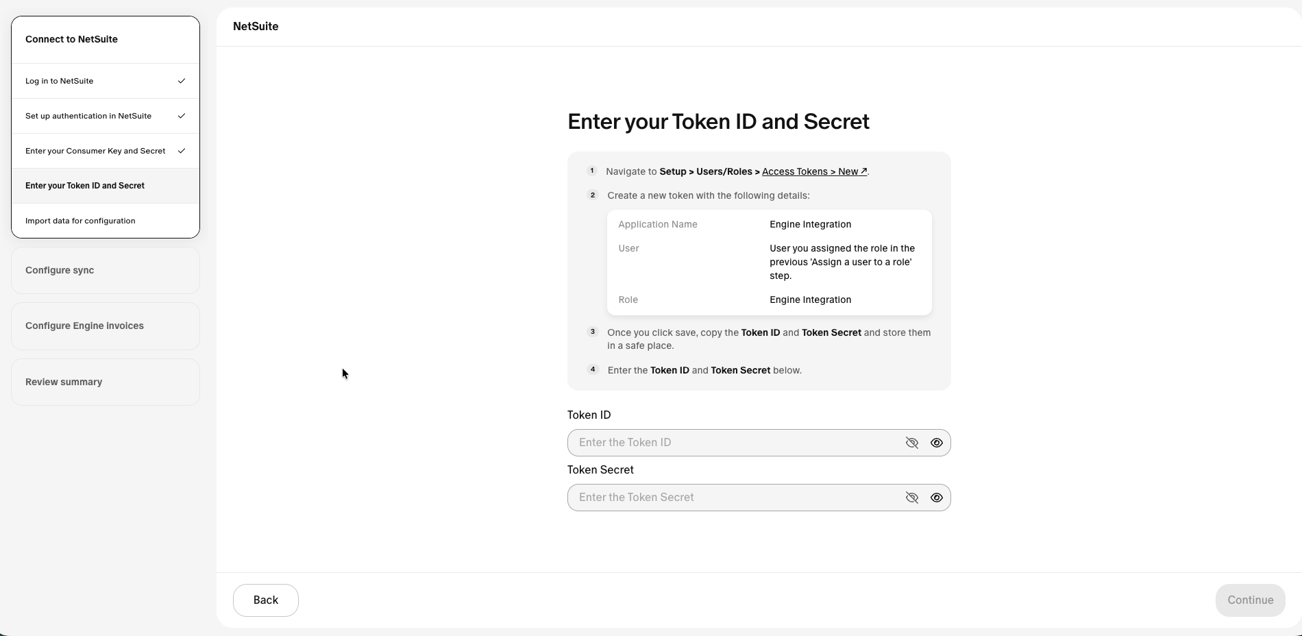 Creating a NetSuite access token tied to the Engine integration record, user, and role