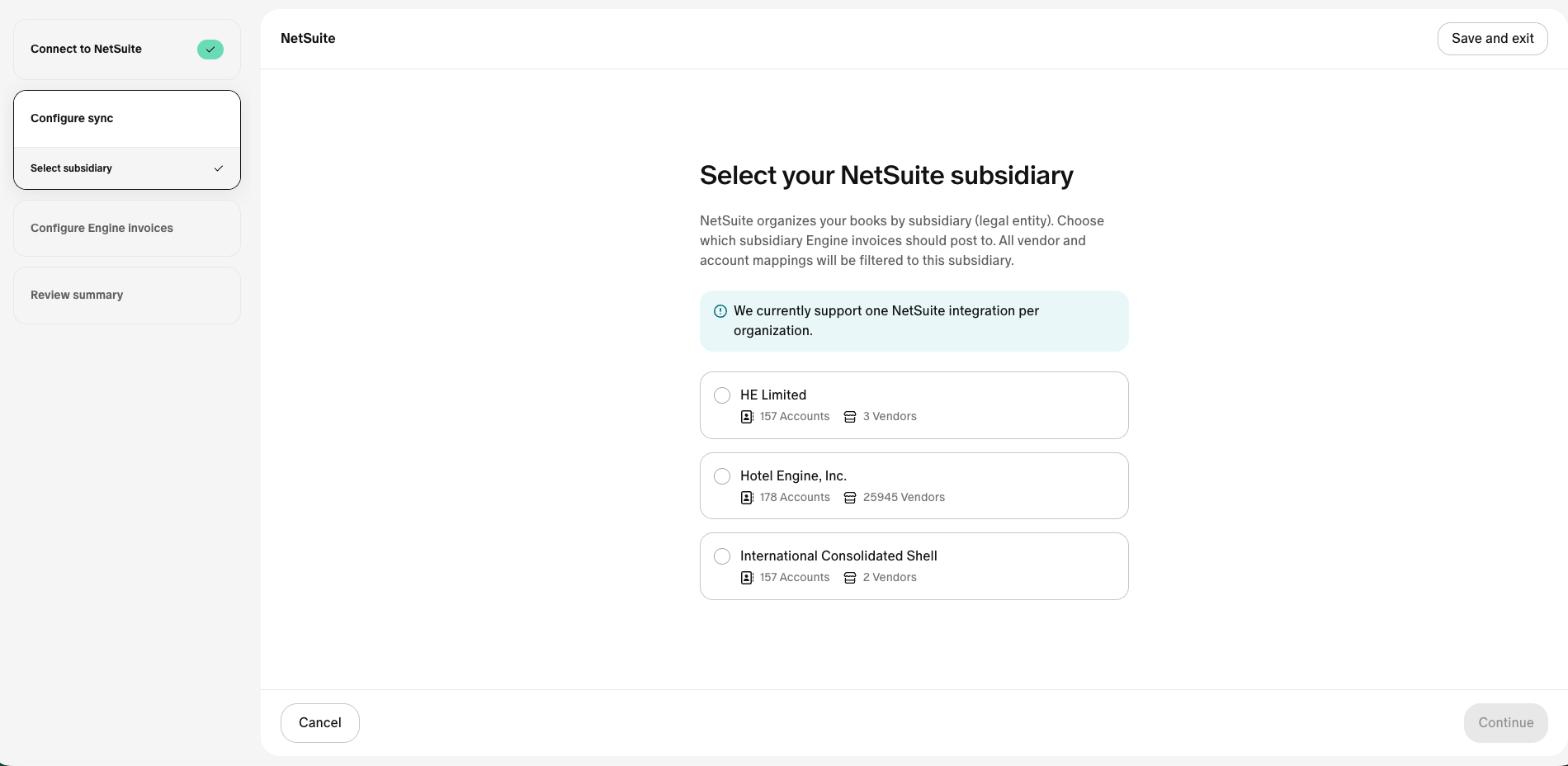 Selecting the NetSuite entity Engine will sync with for billing
