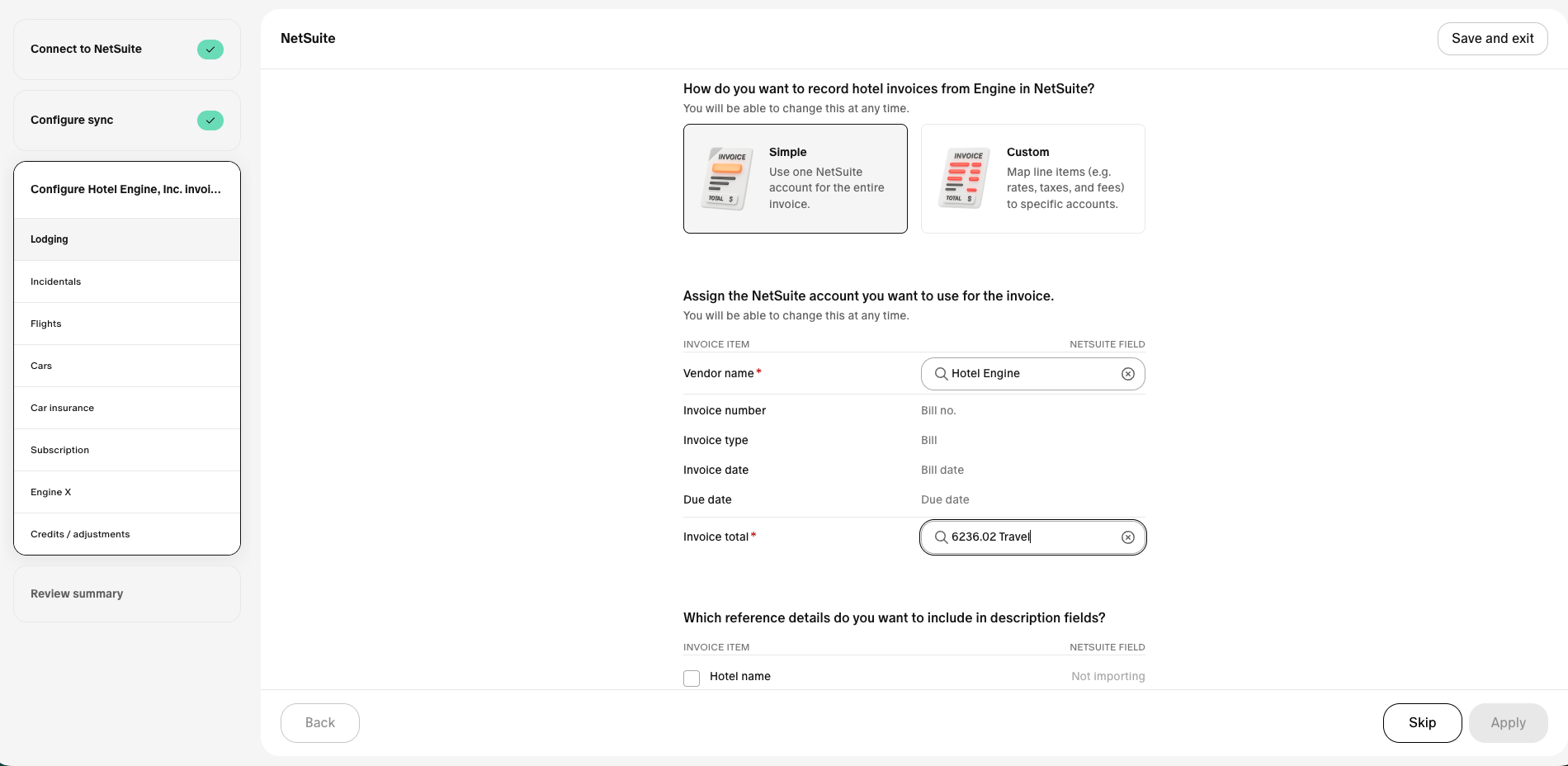 Lodging invoice mapping — vendor, expense account, and Engine-to-NetSuite field mappings