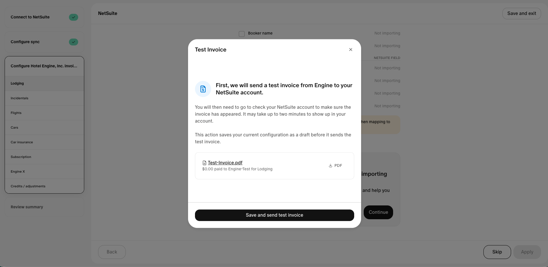 $0.01 test invoice sent to NetSuite to verify the connection