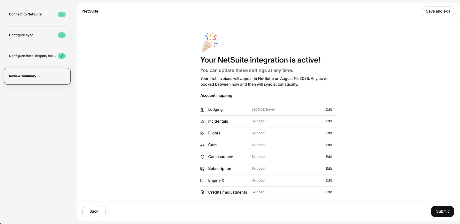 Setup summary before submitting to activate the NetSuite integration