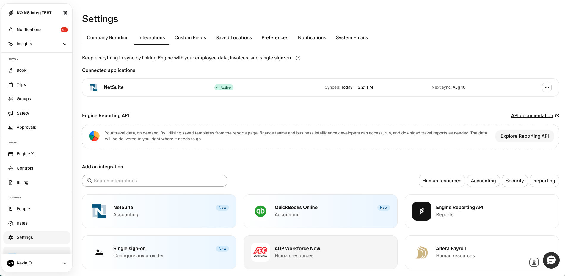 NetSuite integration shown as active on the Engine integrations page