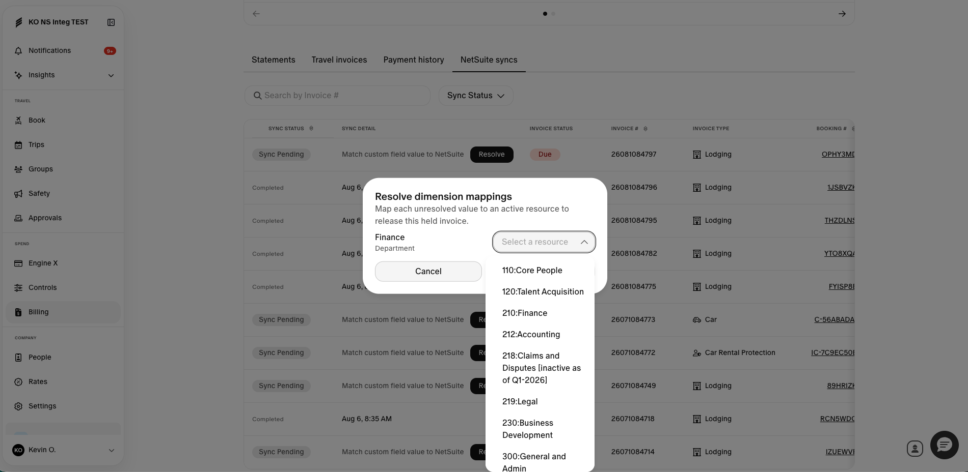 NetSuite syncs tab under Billing showing per-bill sync status and error resolution