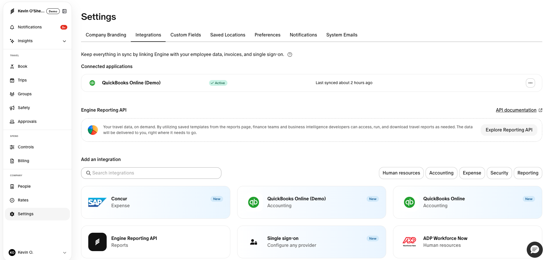 Engine Settings → Integrations screen with the QuickBooks tile
