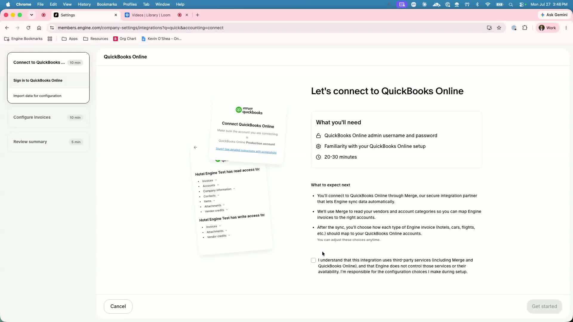Merge authentication popup for connecting Engine to QuickBooks Online