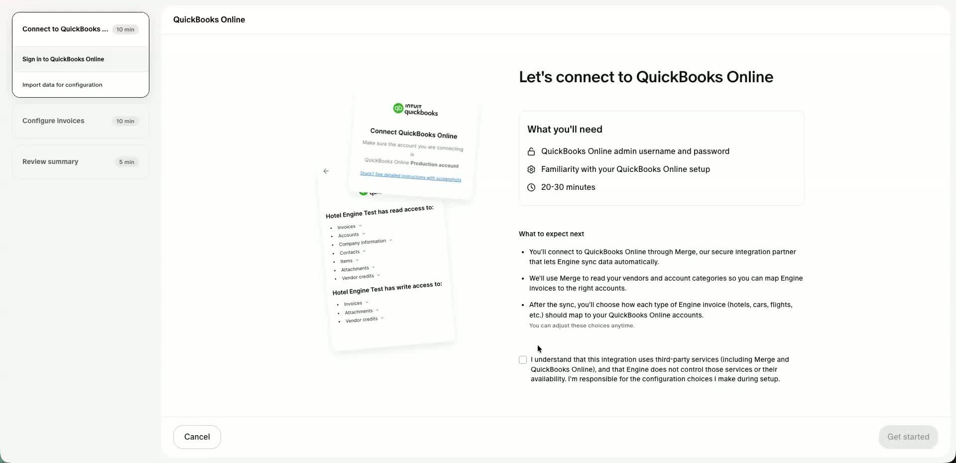 Merge authentication popup for connecting Engine to QuickBooks Online