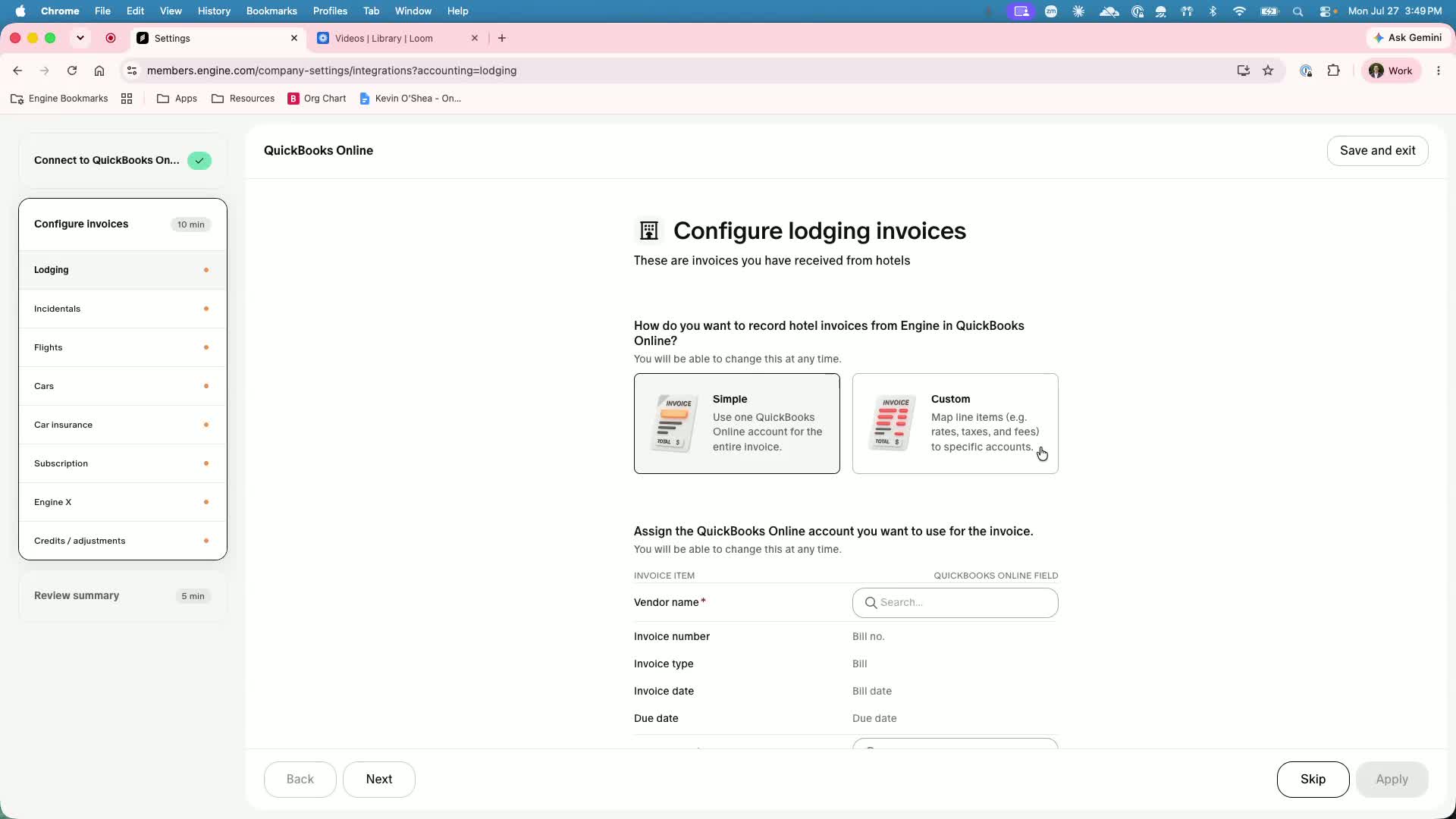Left-rail invoice-type list in the Engine QuickBooks setup wizard