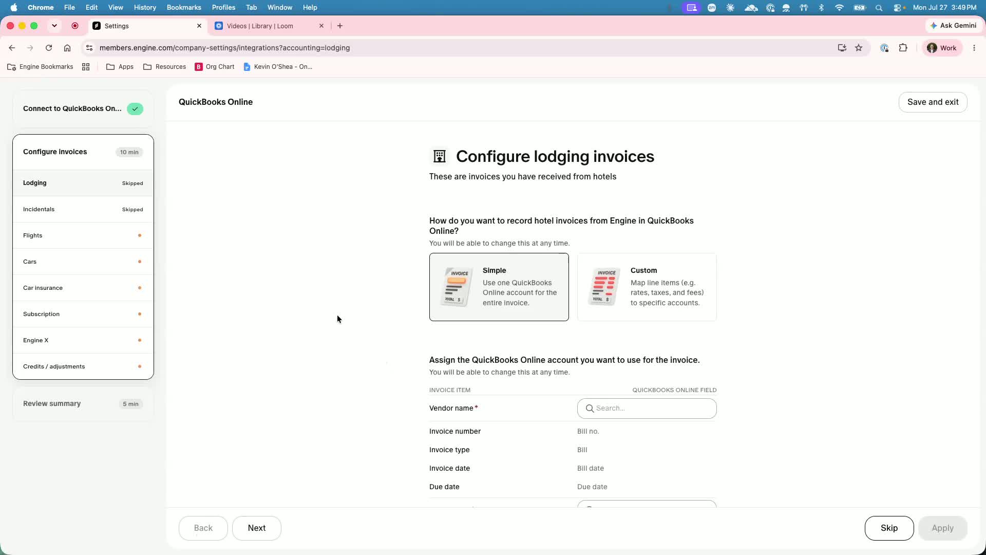 Simple vs. custom mapping selector at the top of an invoice-type setup