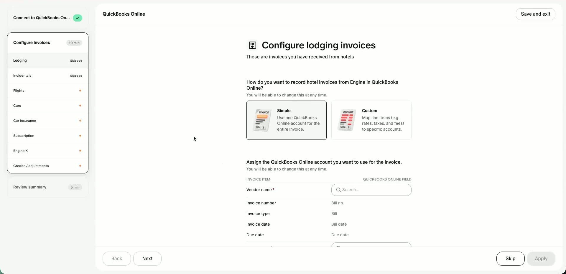 Simple vs. custom mapping selector at the top of an invoice-type setup