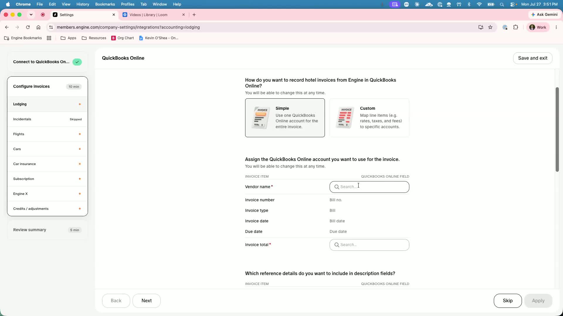 Lodging bill mapping — vendor and invoice-total account selection