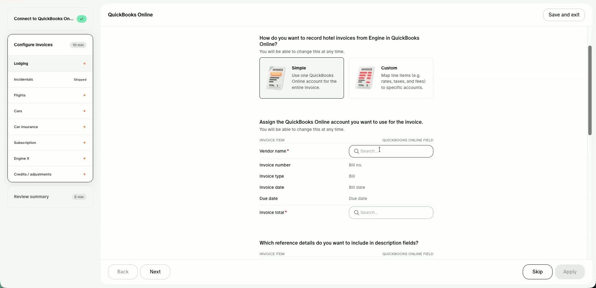 Lodging bill mapping — vendor and invoice-total account selection