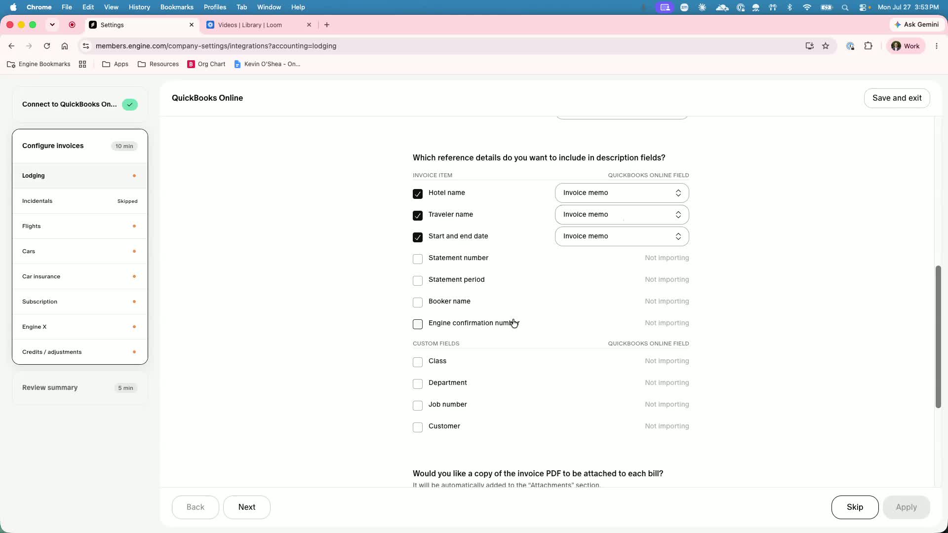 Standard Engine field mapping to QuickBooks invoice memo or total line