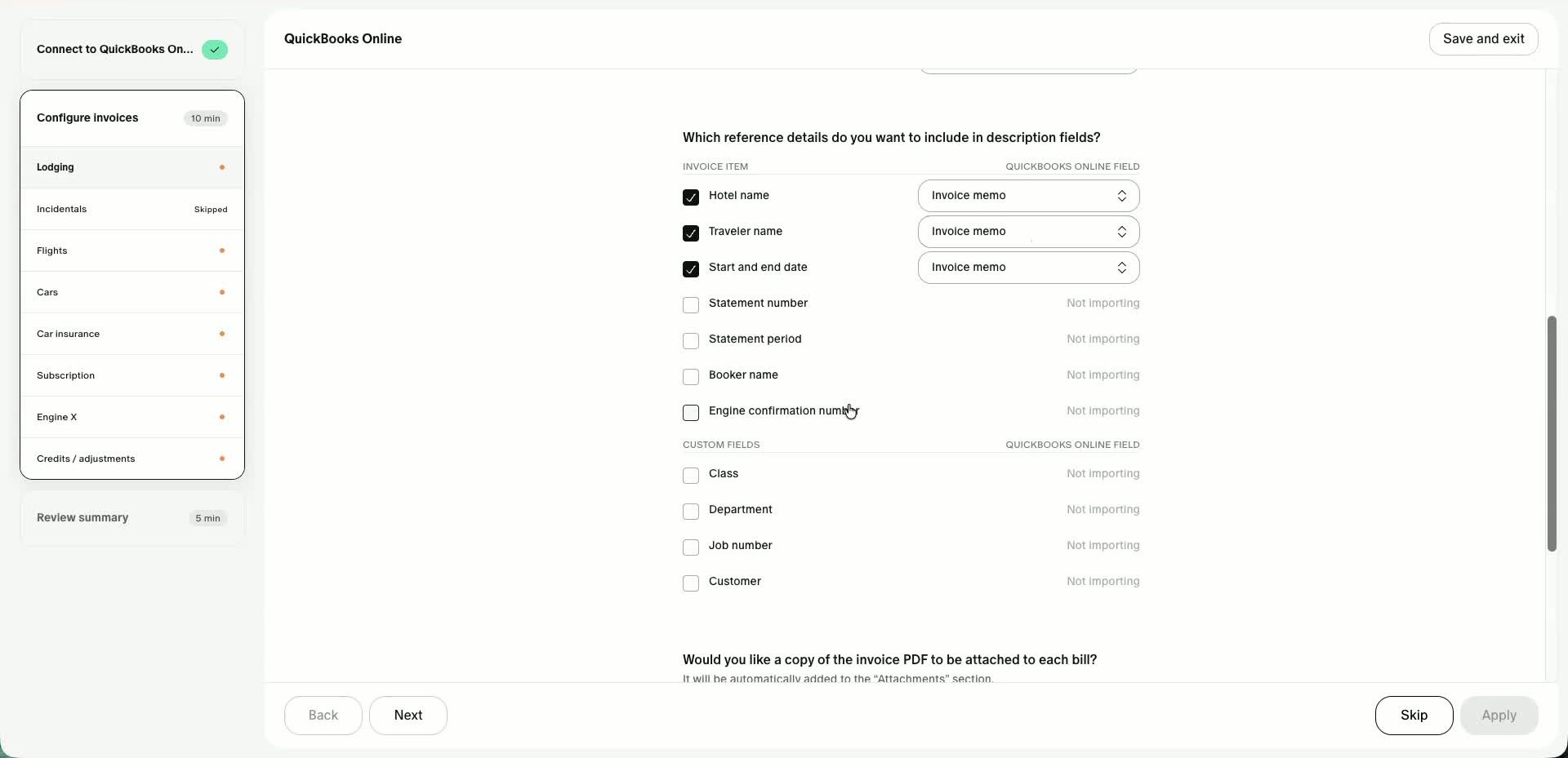 Standard Engine field mapping to QuickBooks invoice memo or total line