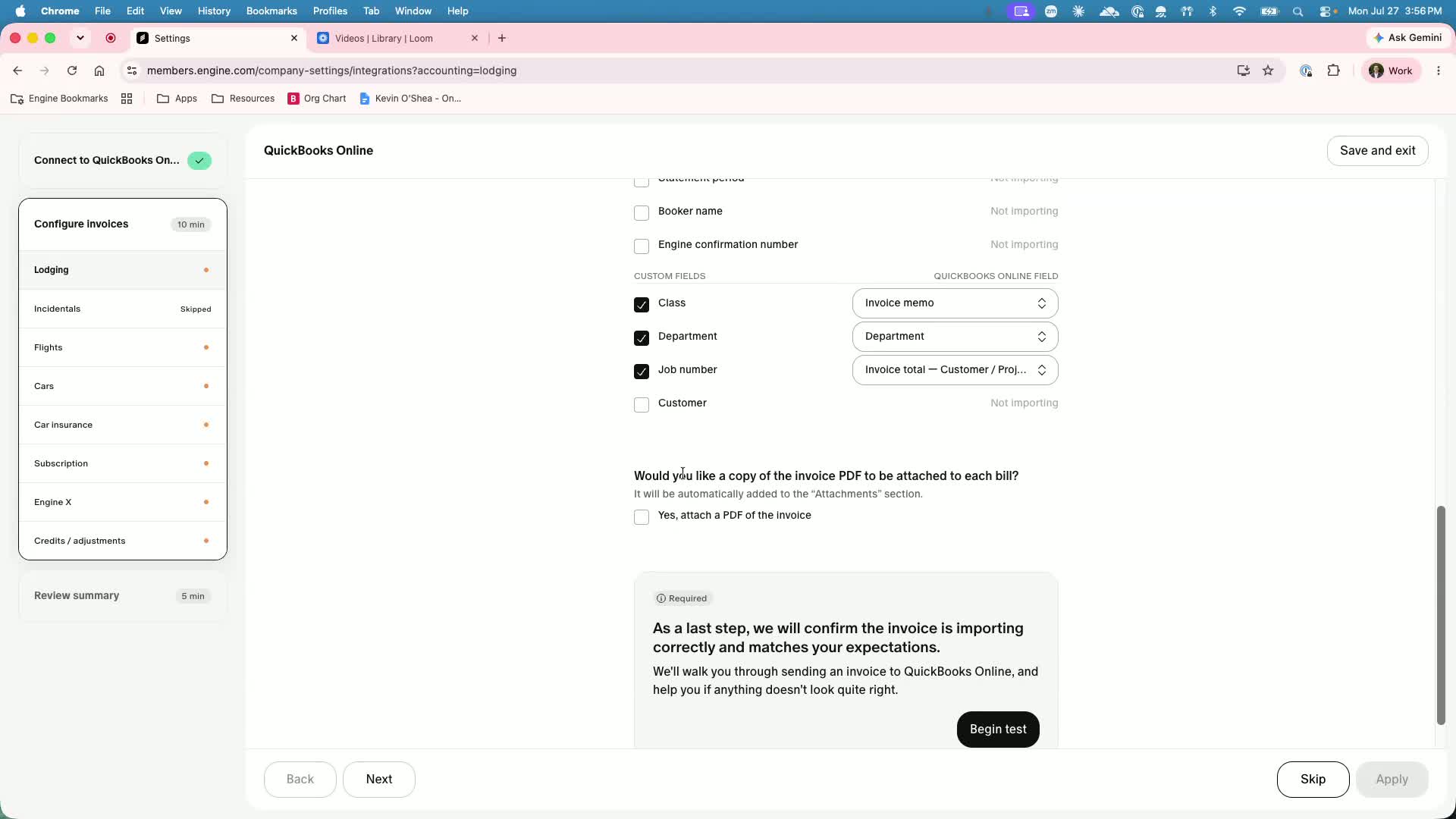 Custom Engine field mapping to QuickBooks targets such as Class, Department, and Customer/Project