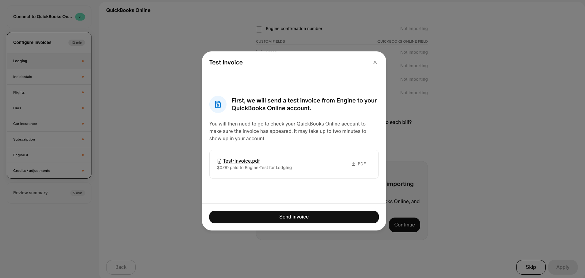 Run a $0 test invoice to confirm QuickBooks can receive data from Engine