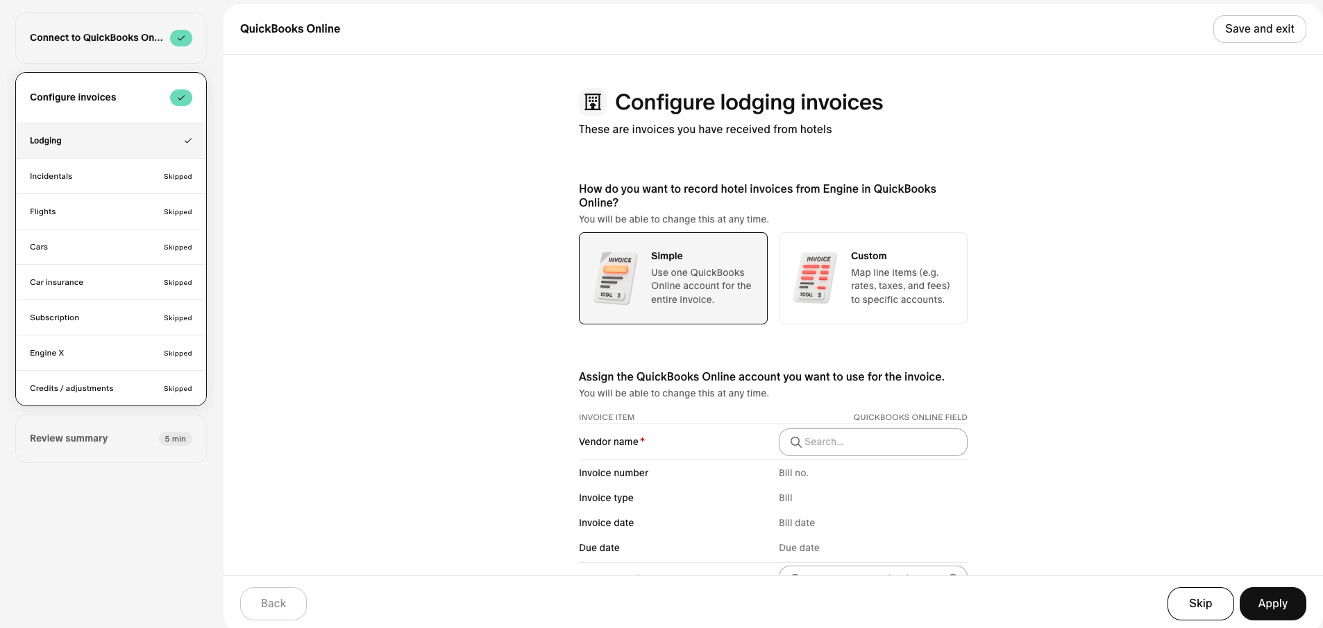 Summary screen with Submit action to activate the QuickBooks Online integration