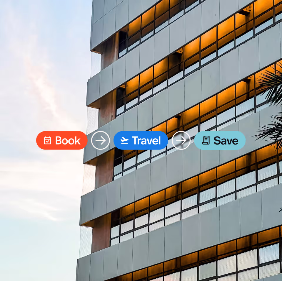 A hotel in the background with 3 labels in front - book, travel, and save.