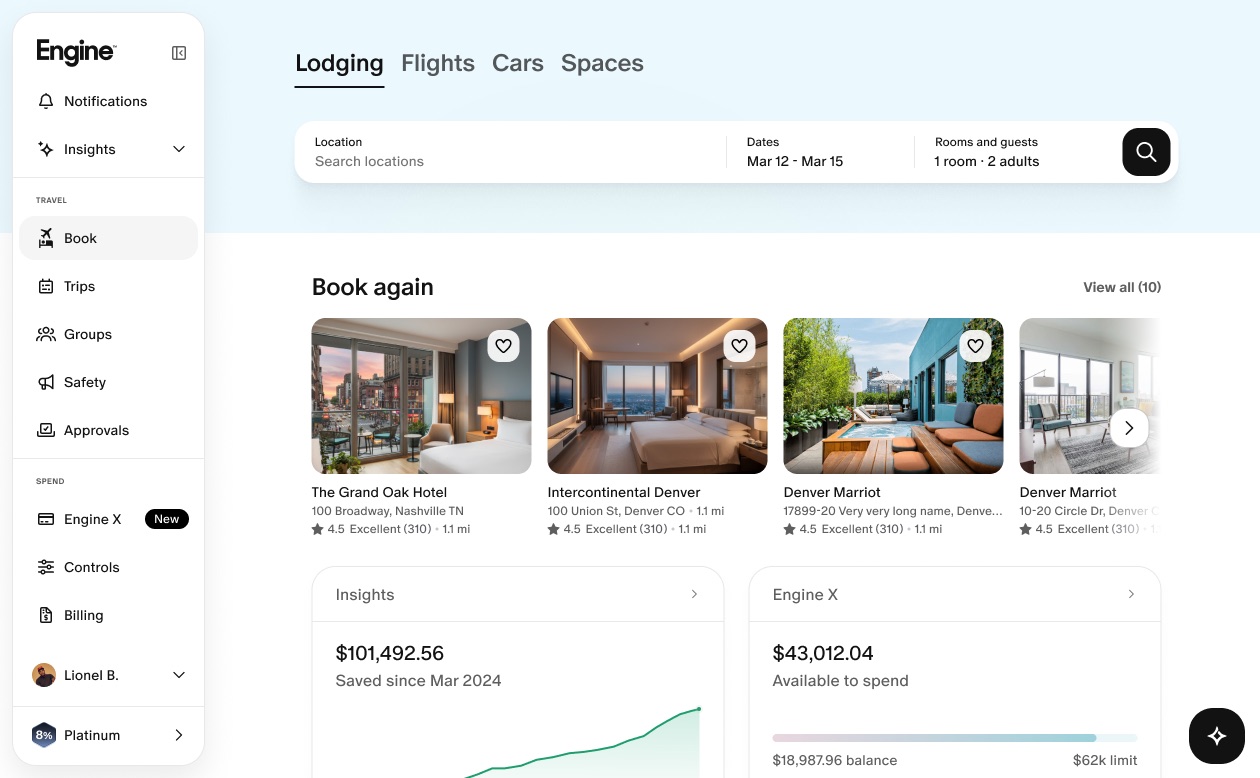 Engine booking home with search, book again, insights, and Engine X