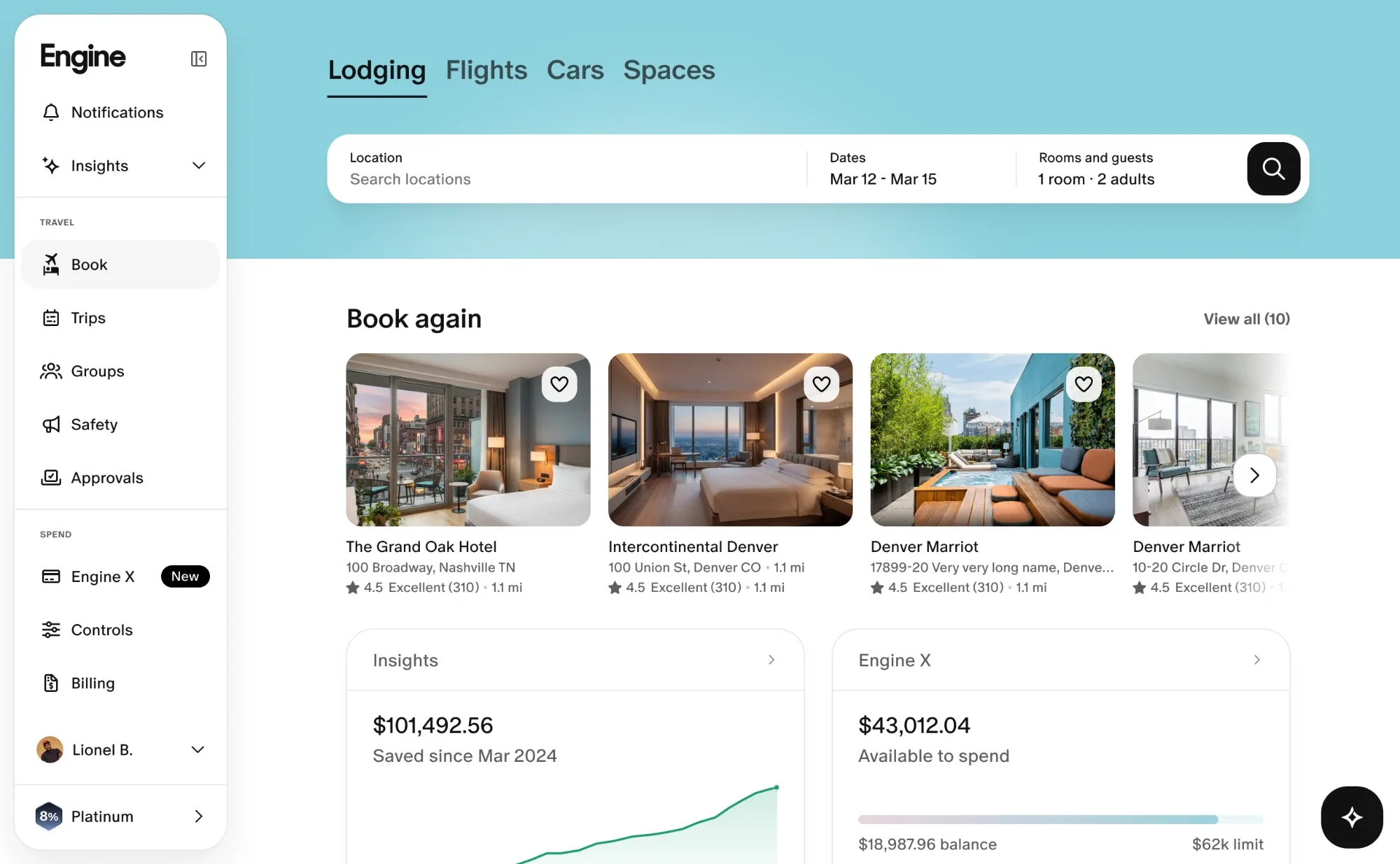 Engine booking home with search, book again, insights, and Engine X