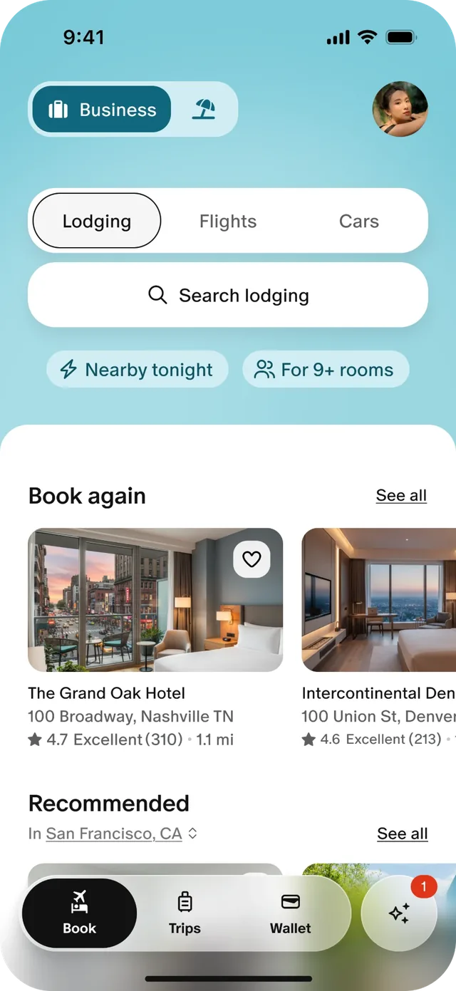 Engine's phone app: book lodging, flights or cars, with Book again and Recommended hotels