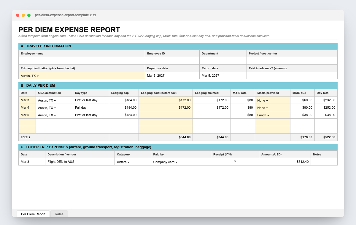 Per diem expense report template in Excel: traveler information and a daily per diem log with GSA destination, day type, lodging cap, lodging paid, M&IE rate, meals provided, and day totals